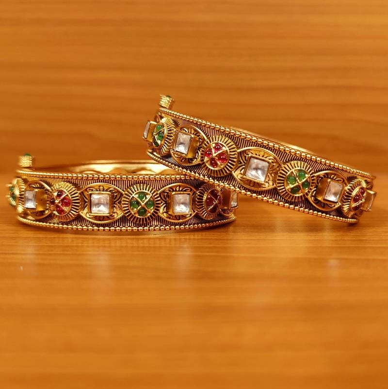 Women's Multicolour Kundan Polki Antique Gold Look Premium Bangles - Sanvi Jewels