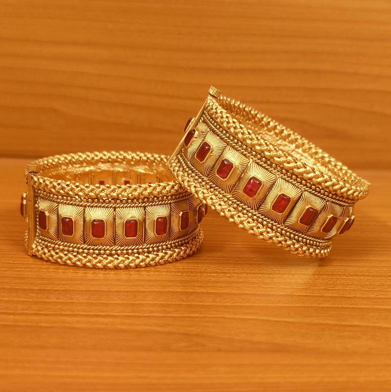 Women's Ruby Mat Gold Look Rajwadi Openable Bangles - Sanvi Jewels