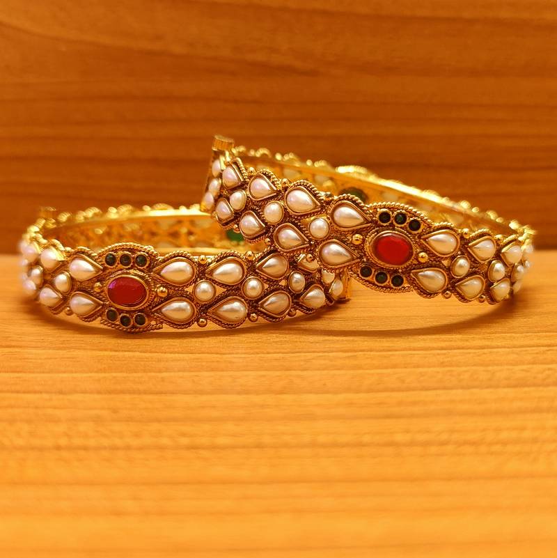 Women's Multicolour Antique Look Pearl Openable Bangles - Sanvi Jewels