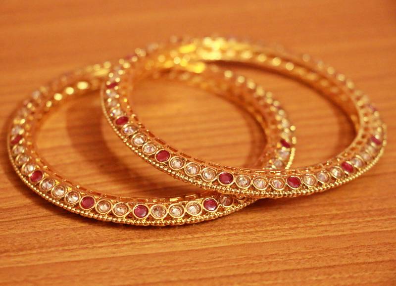 Women's Ruby & Polki Look Gold Plated Antique Bangles - Sanvi Jewels