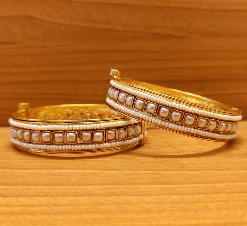 Women's Antique Gold Look Pearl Openable Bangles - Sanvi Jewels