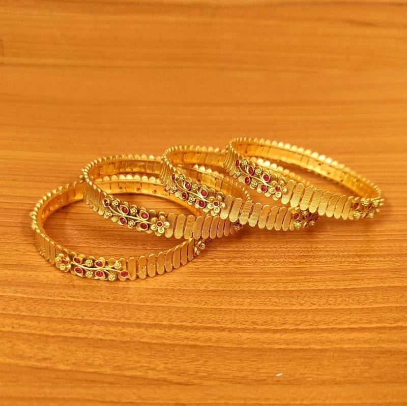 Women's Matt Gold Look Ruby Leaf Pattern Bangles - Sanvi Jewels