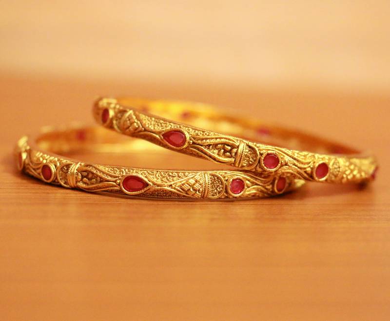 Women's Antique Gold Look Ruby Polki Bangles - Sanvi Jewels