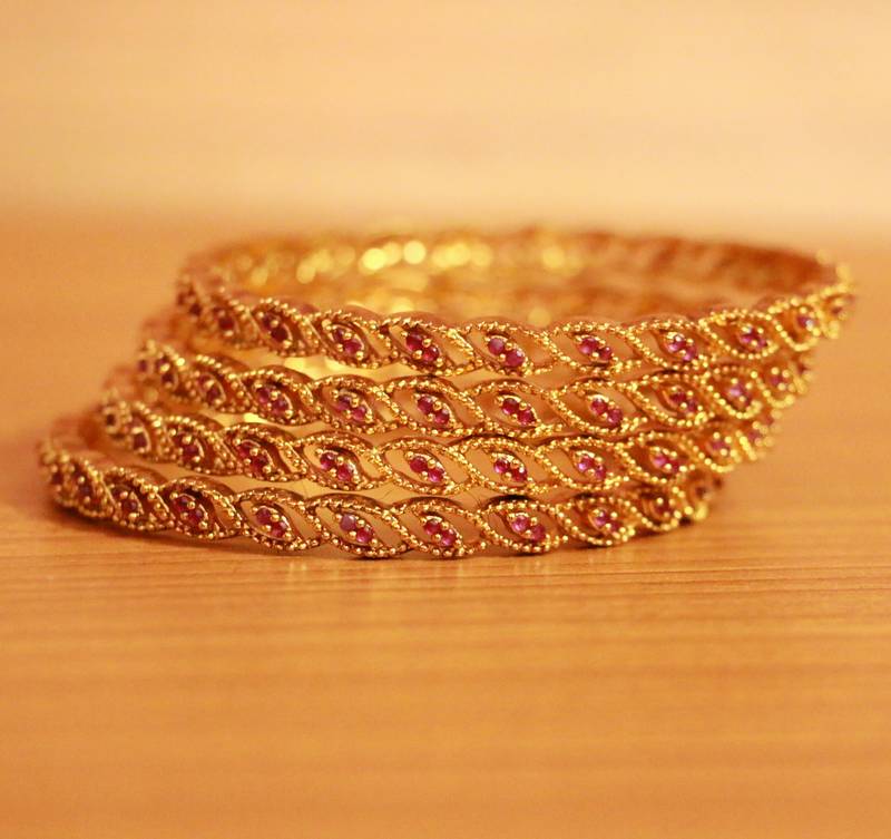 Women's Ruby Gold Look Set Of 4 Polki Bangles - Sanvi Jewels