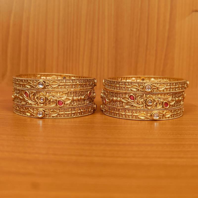 Women's Antique Gold Ruby & Kundan Look Set Of 6 Bangles - Sanvi Jewels