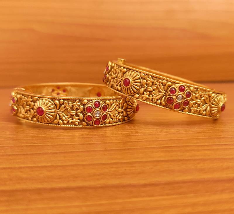 Women's Ruby Gold Look Matt Finish Openable Bangles - Sanvi Jewels