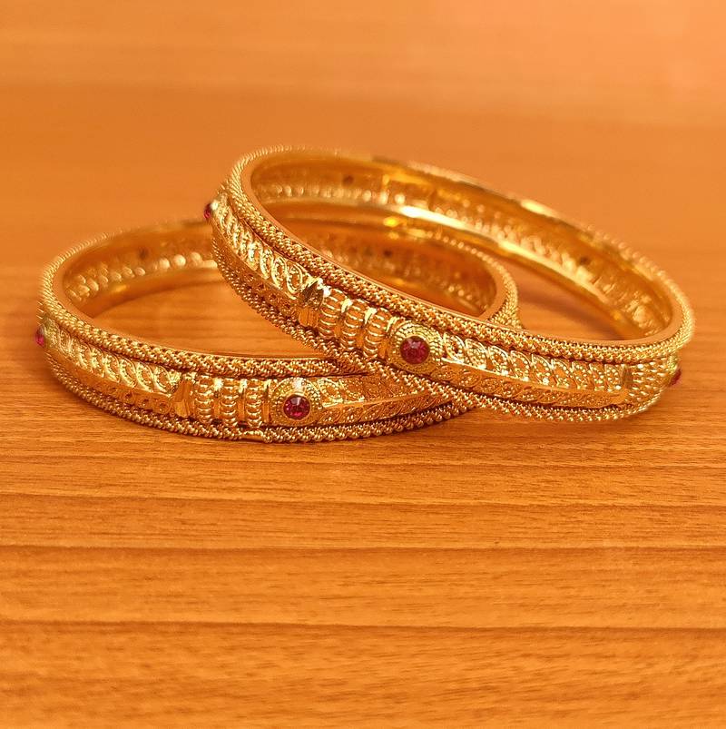 Women's Pink Zircon Gold Plated Leaf Patern Bangles - Sanvi Jewels