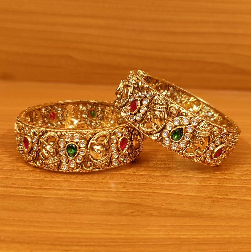 Women's Multicolour Kundan Polki Temple Look Real Look Alike Bangles - Sanvi Jewels