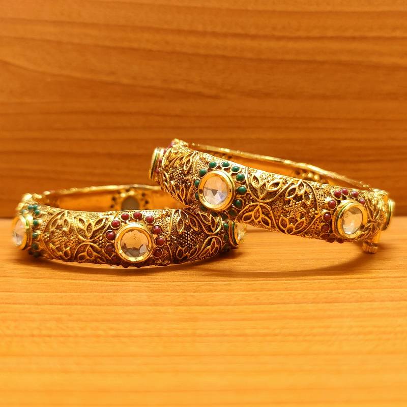 Women's Multicolour Antique Look Kundan Openable Bangles - Sanvi Jewels