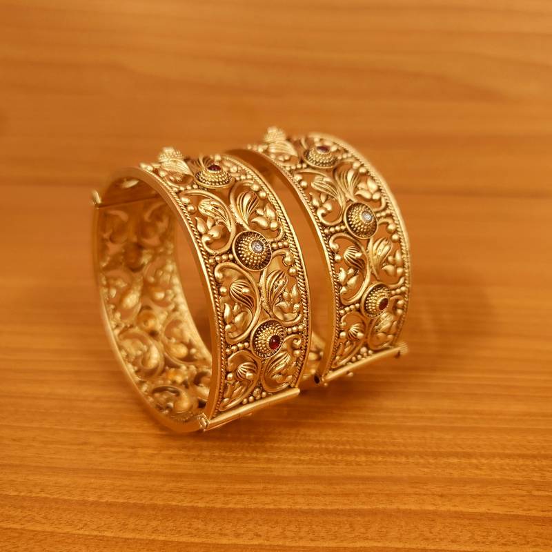 Women's Matt Gold Look Royal Carving Openable Bangles  - Sanvi Jewels