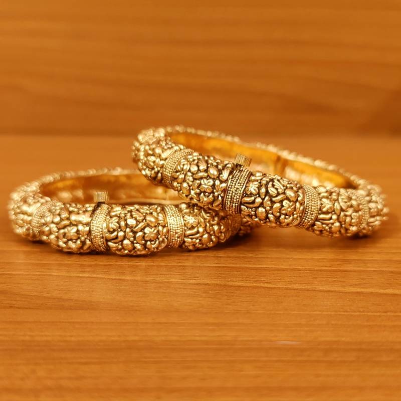 Women's Matt Gold Look Hand Carved Antique Gold Openable Bangles - Sanvi Jewels