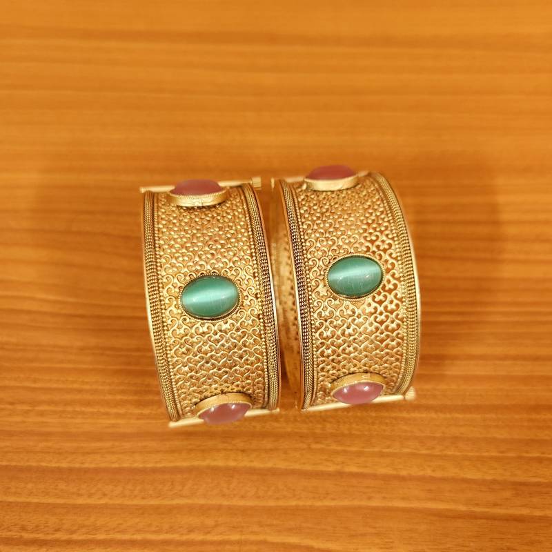 Women's Mint & Pink Colour Matt Gold Look Filigree Openable Bangles - Sanvi Jewels