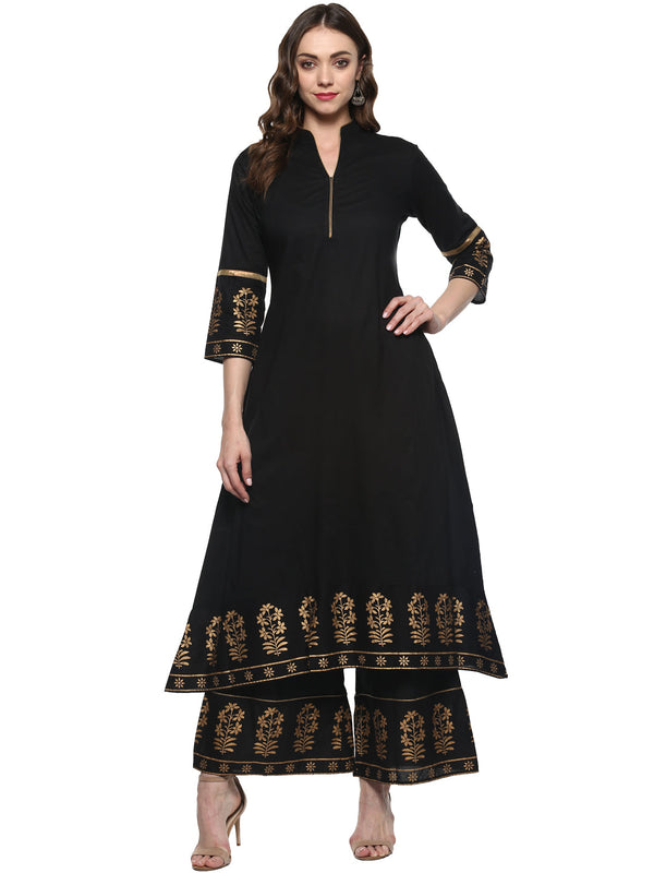 Black And Gold-Toned Solid Kurta With Palazzos.