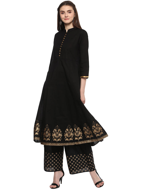 Black And Golden Solid Kurta With Palazzos.