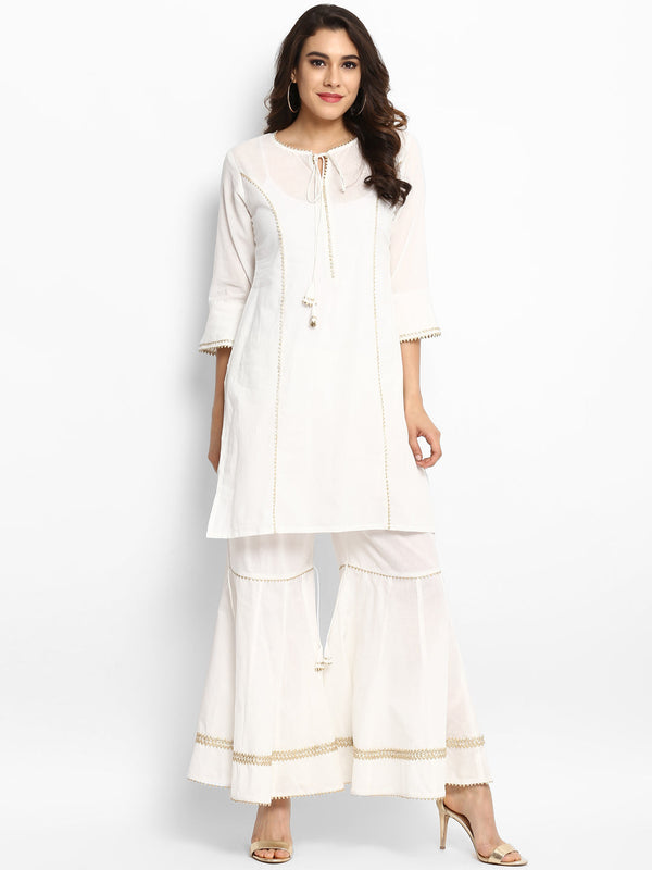 White Solid Kurta With Sharara.