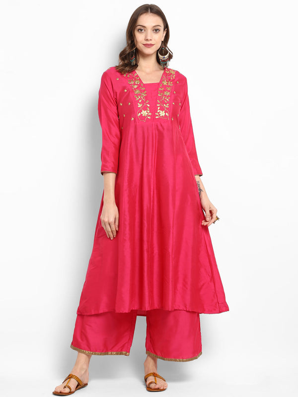 Fuchsia Pink Yoke Design Kurta With Palazzos