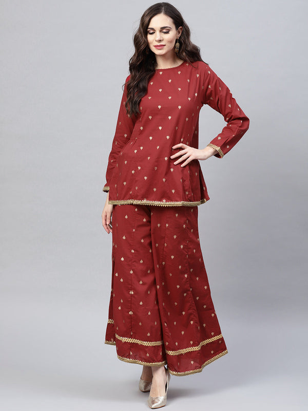 Red And Golden Printed Kurta With Palazzos.