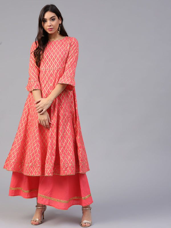 Coral Pink And Golden Printed Kurta With Palazzos.