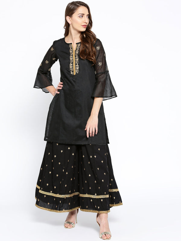 Black Solid Kurta With Palazzos.