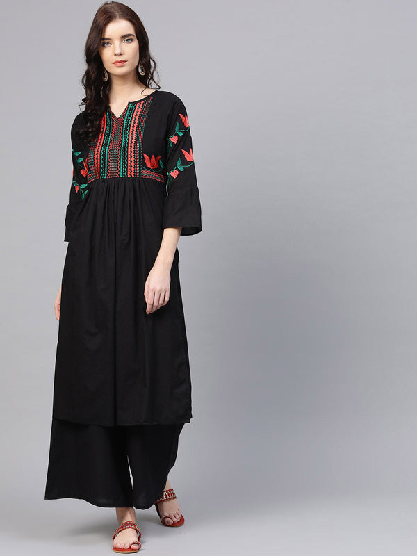 Black Solid Yoke Embroidered Kurta with Palazzos