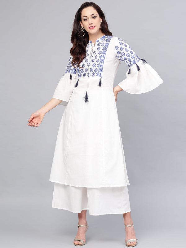 White yoke design kurta with palazzos