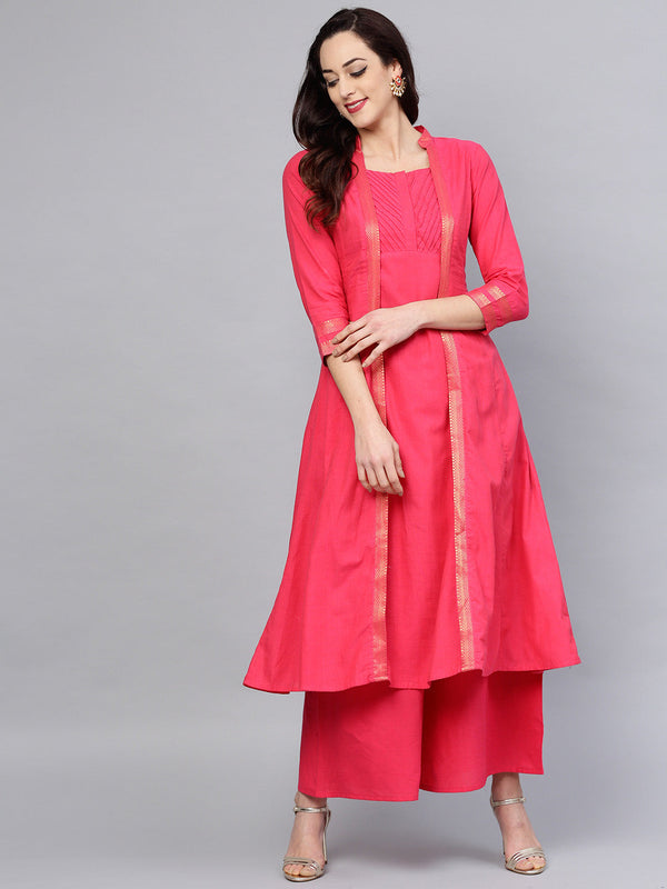 Fuchsia Pink Solid Pure Cotton Kurta With Palazzos & Jacket