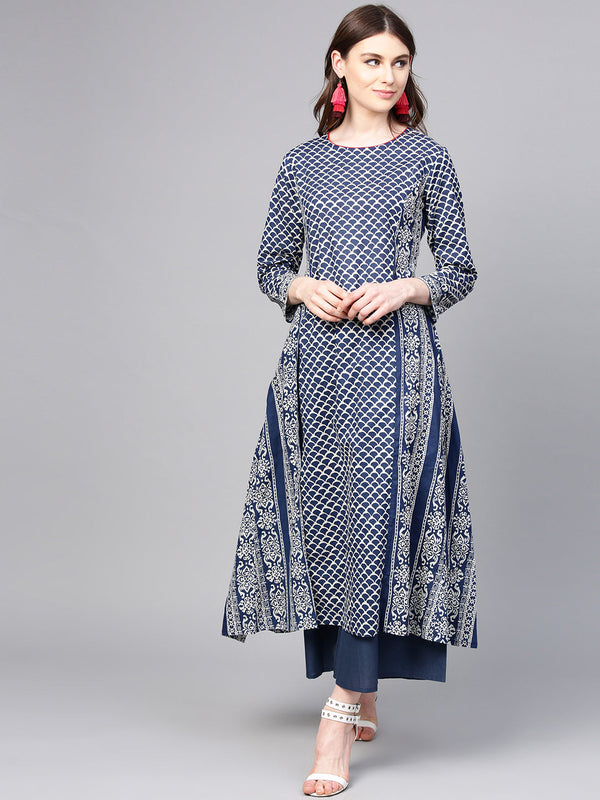 Navy Blue & White Printed Kurta with Palazzos