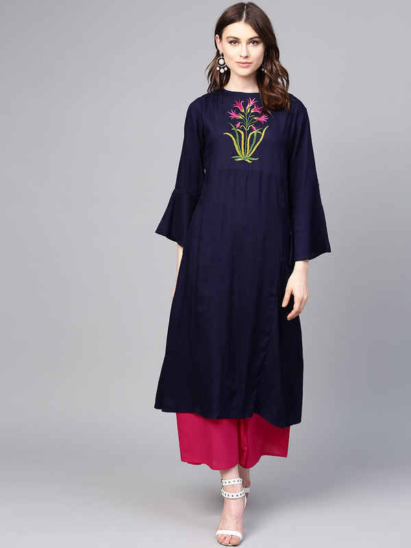 Blue Yoke Design Kurta With Pink Solid Palazzos