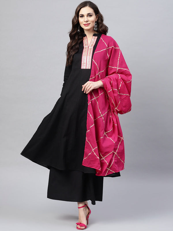 Black Self Design Kurta With Palazzos & Dupatta.