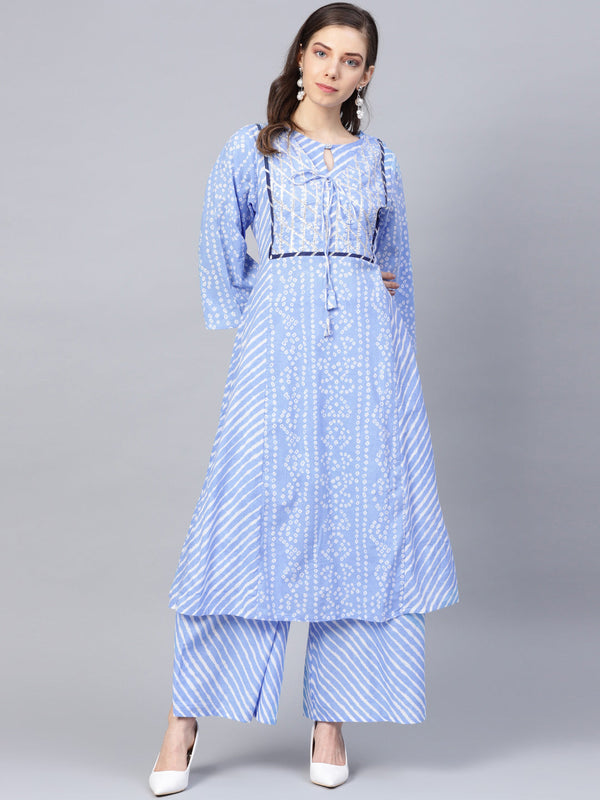 Blue And White Bandhani Print Kurta With Palazzos