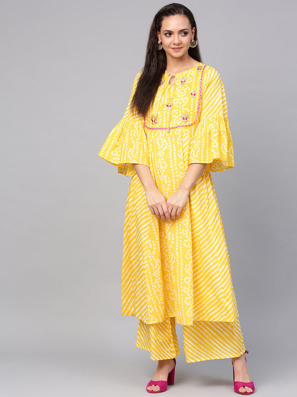 Yellow & White Bandhani Print Kurta With Palazzos