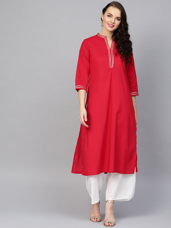 Red Solid Kurta With Off White Solid Palazzos