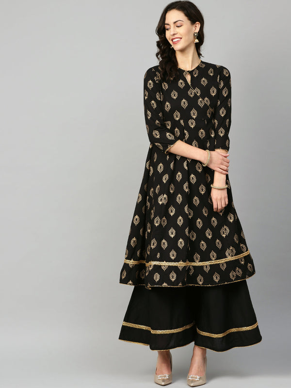 Black And Golden Printed Kurta With Palazzos