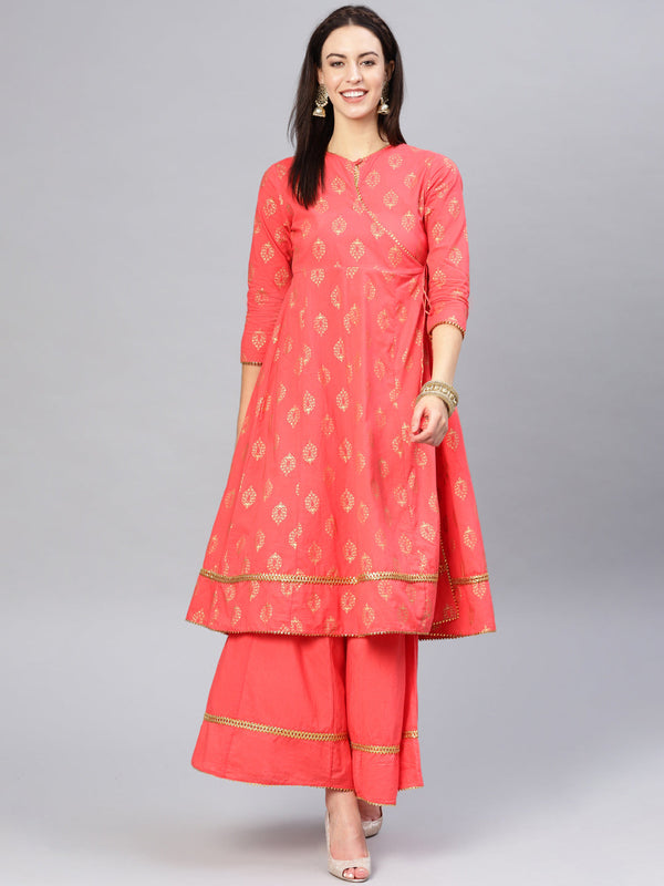 Peach And Golden Printed Kurta With Palazzos