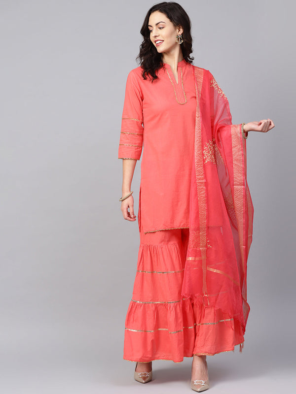 Peach Solid Kurta With Sharara And Dupatta