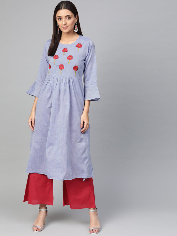 Blue and red yoke design chambray kurta with palazzos