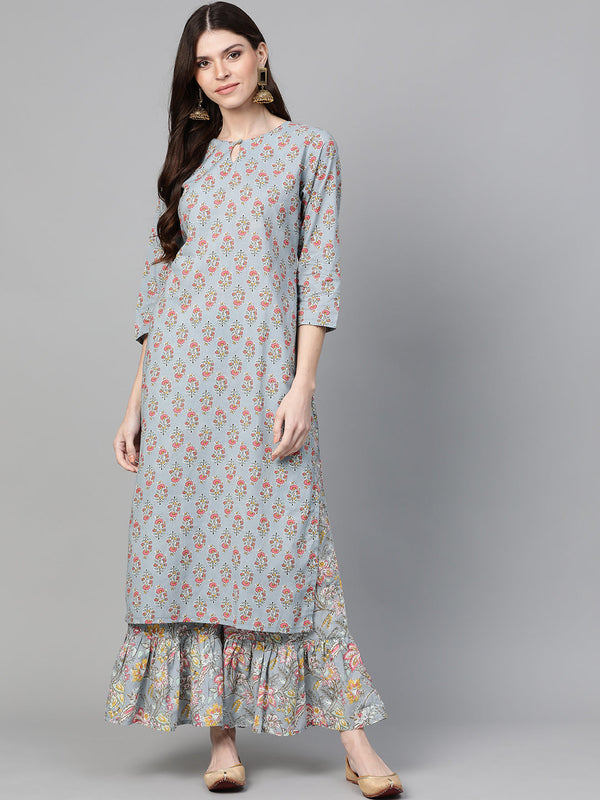 Grey And Pink Floral Print Kurta With Palazzos