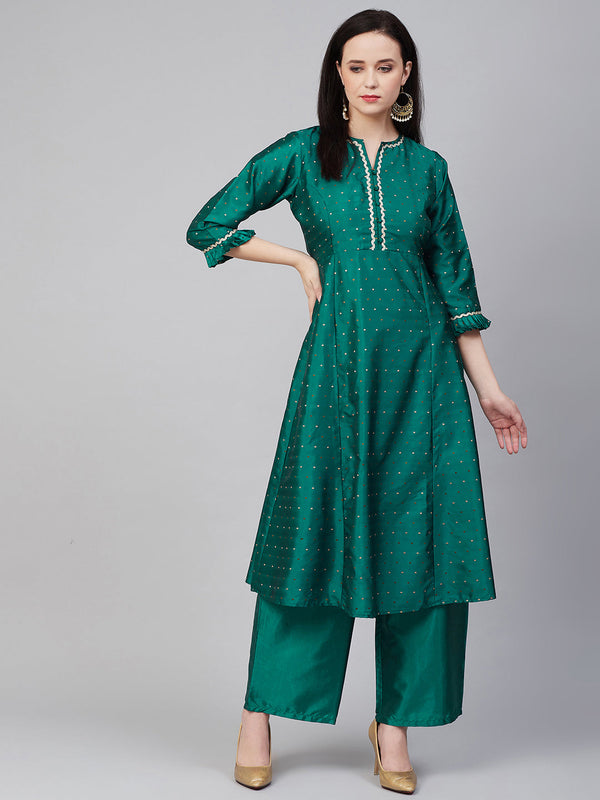 Green And Golden Woven Design Kurta With Palazzos