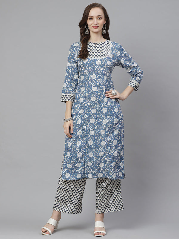 Blue & White Printed Kurta with Palazzos