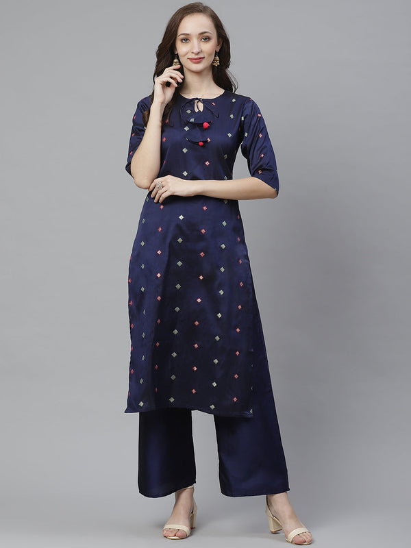 Navy Blue & Golden Woven Design Kurta with Palazzos