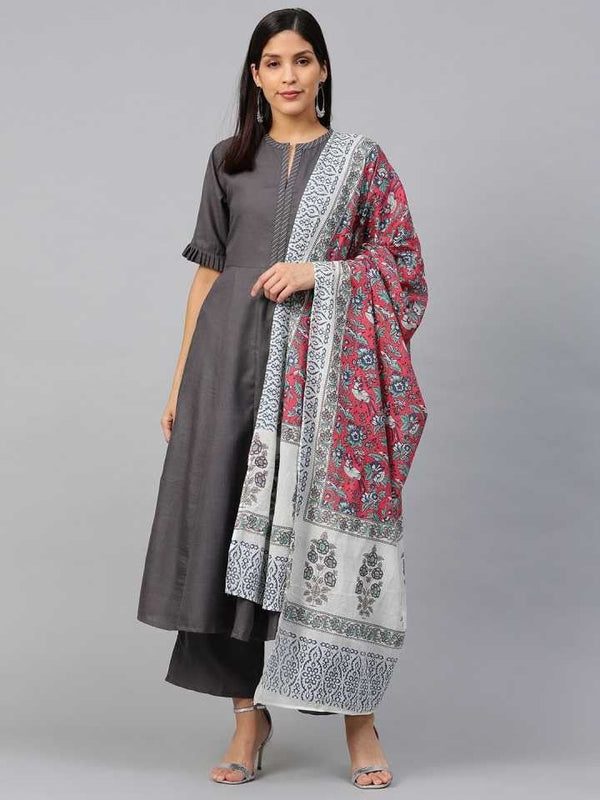 Grey Solid Kurta With Palazzo & Printed Dupatta