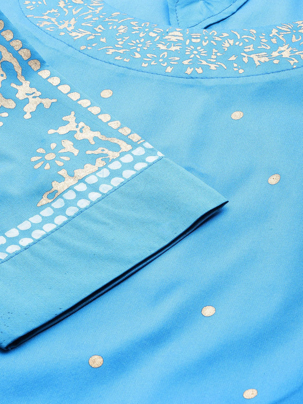 Blue & Golden Block Print Kurta with Sharara