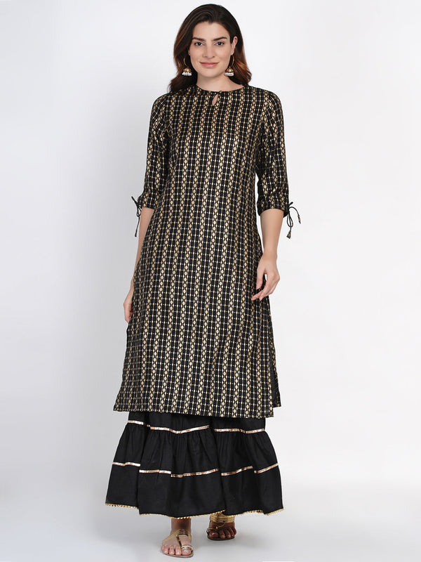 Black and gold-toned printed kurta with sharara