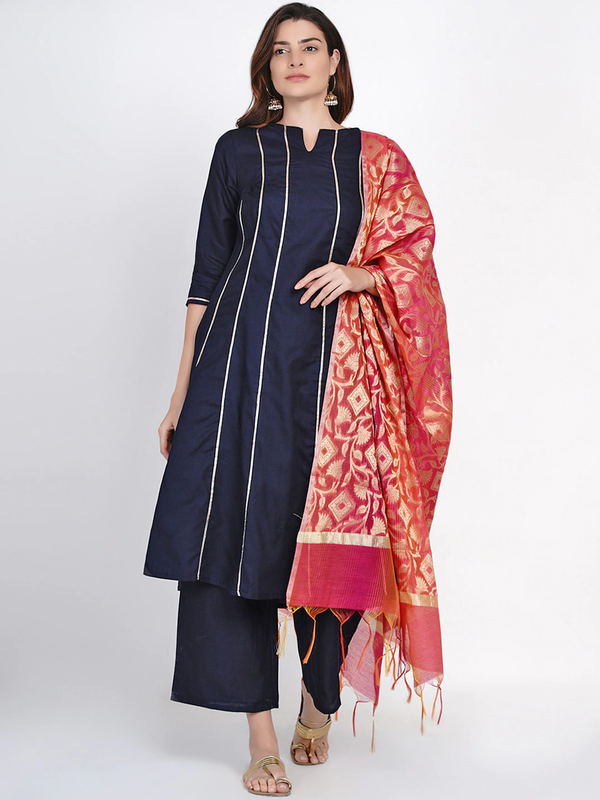 Blue & Golden Gotta Striped Kurta With Blue Solid Palazzos With Dupatta.