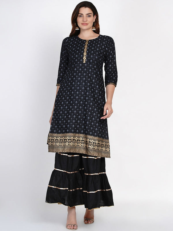 Black printed kurta with palazzos