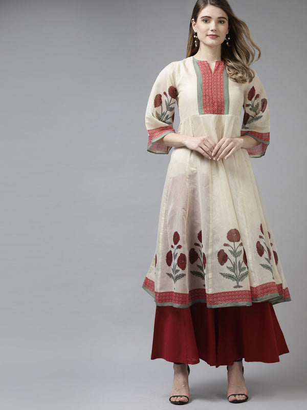 Beige Floral Printed A-Line Kurta With Palazzos.