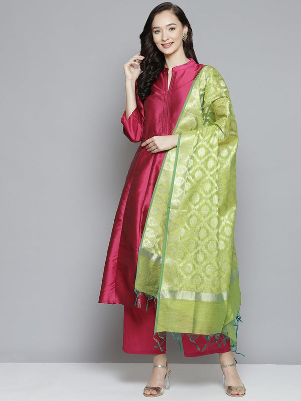 Burgundy Solid Kurta With Palazzos With Dupatta