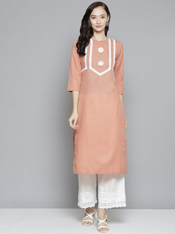 Peach solid Lace work Kurta with Palazzos