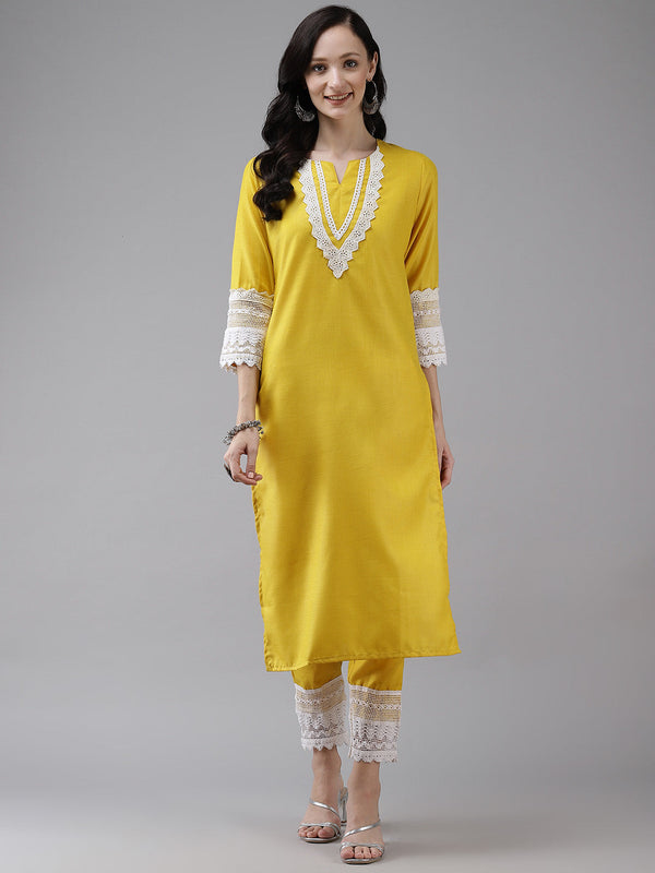 Women's Yellow Solid Kurta & Trousers With Lace Insert Detail - Bhama Couture