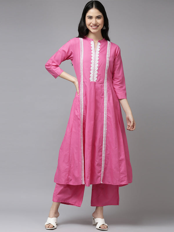 Pink Ethnic Motifs Yoke Design Panelled Kurta with Palazzos